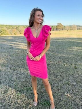 Fuchsia Ruffle Sleeve V-Neck Dress